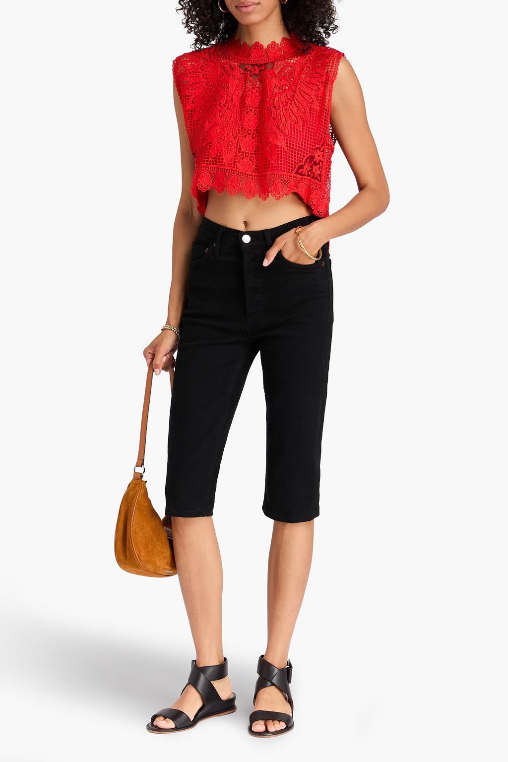 FARM RIO Toucan cropped macramé lace top