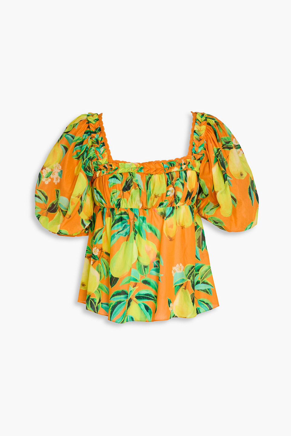 farm rio - pleated printed cotton top - orange - xs