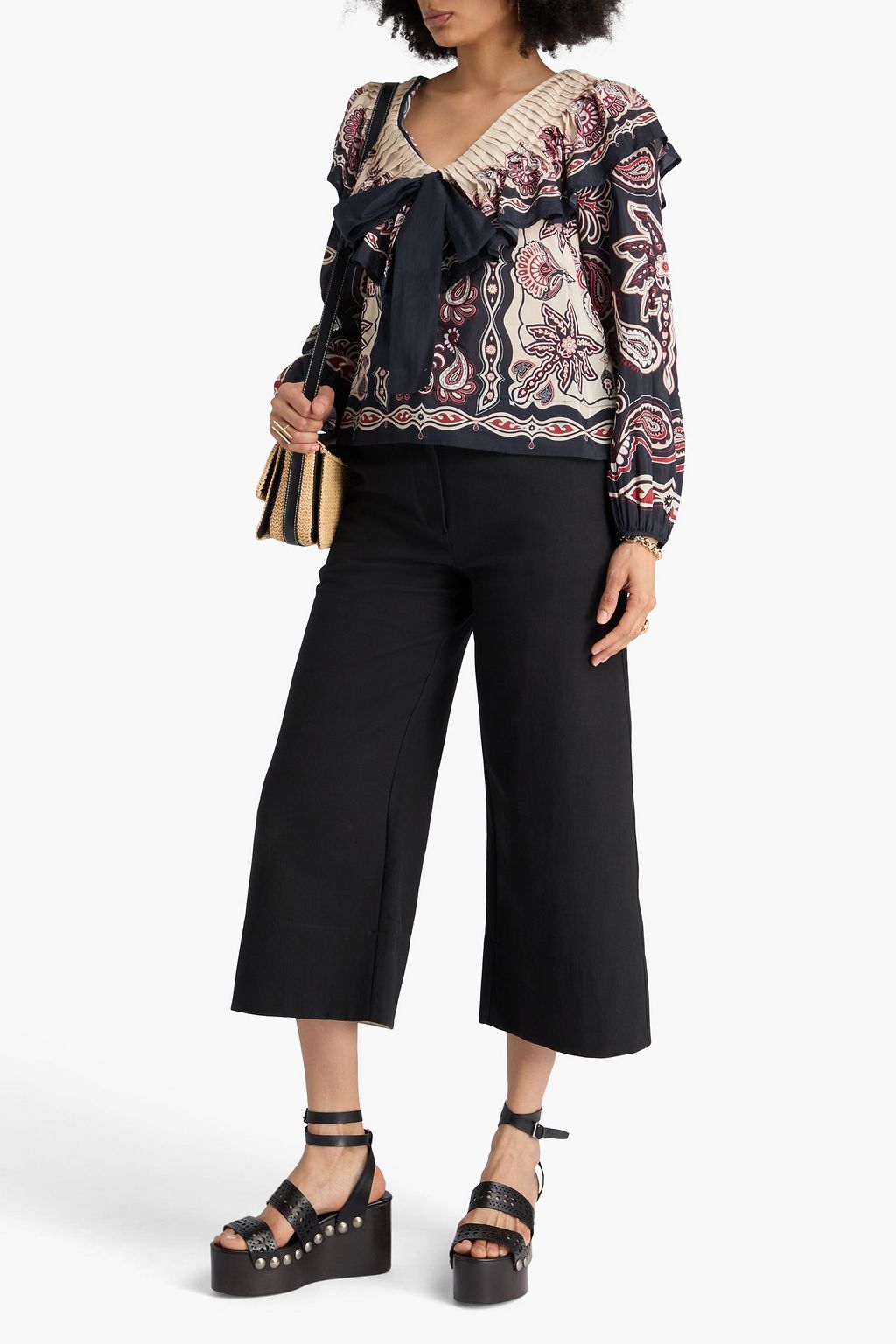 FARM RIO Bow-detailed printed cotton-blend top