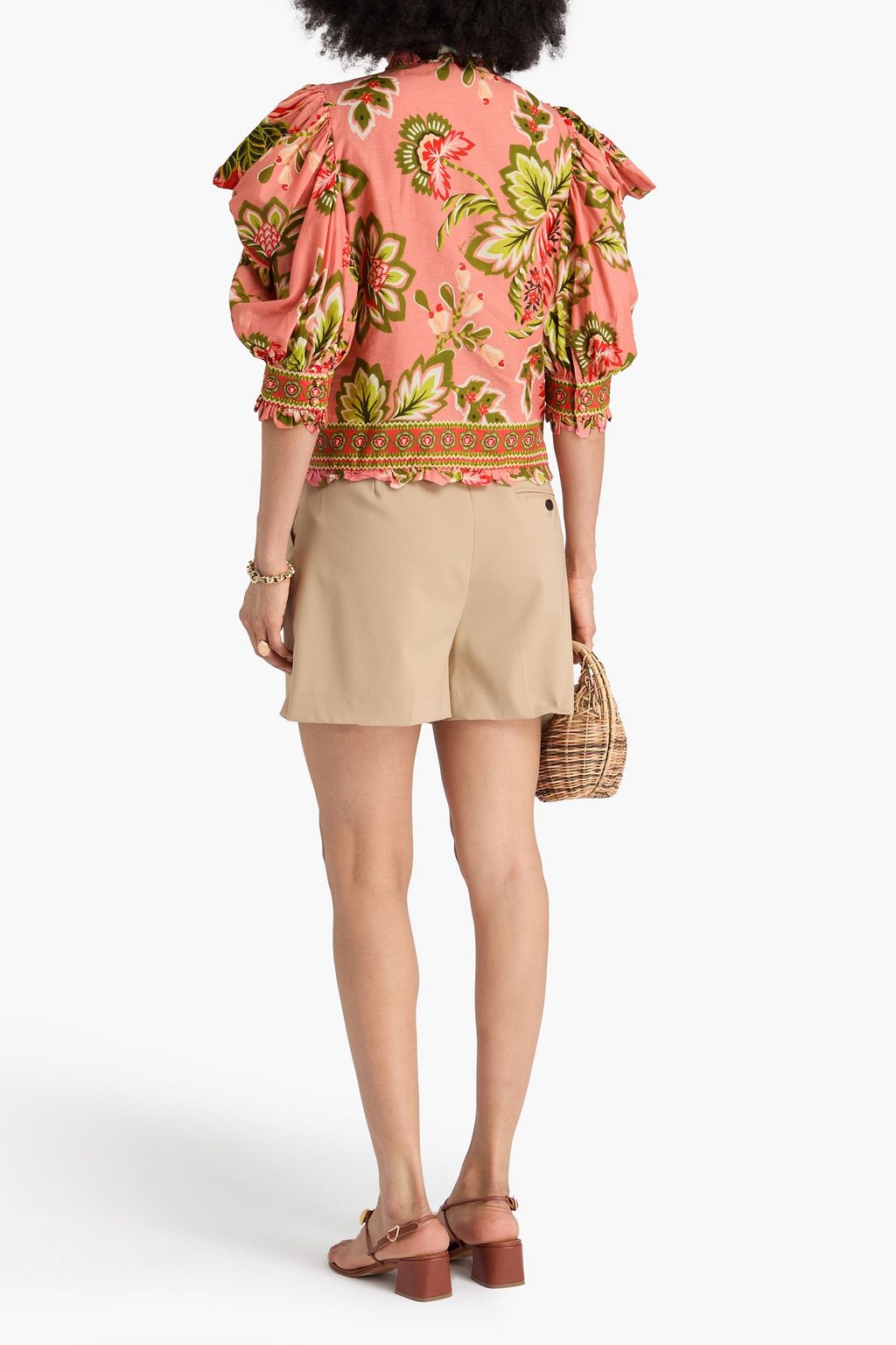 FARM RIO Pintucked floral-print cotton top