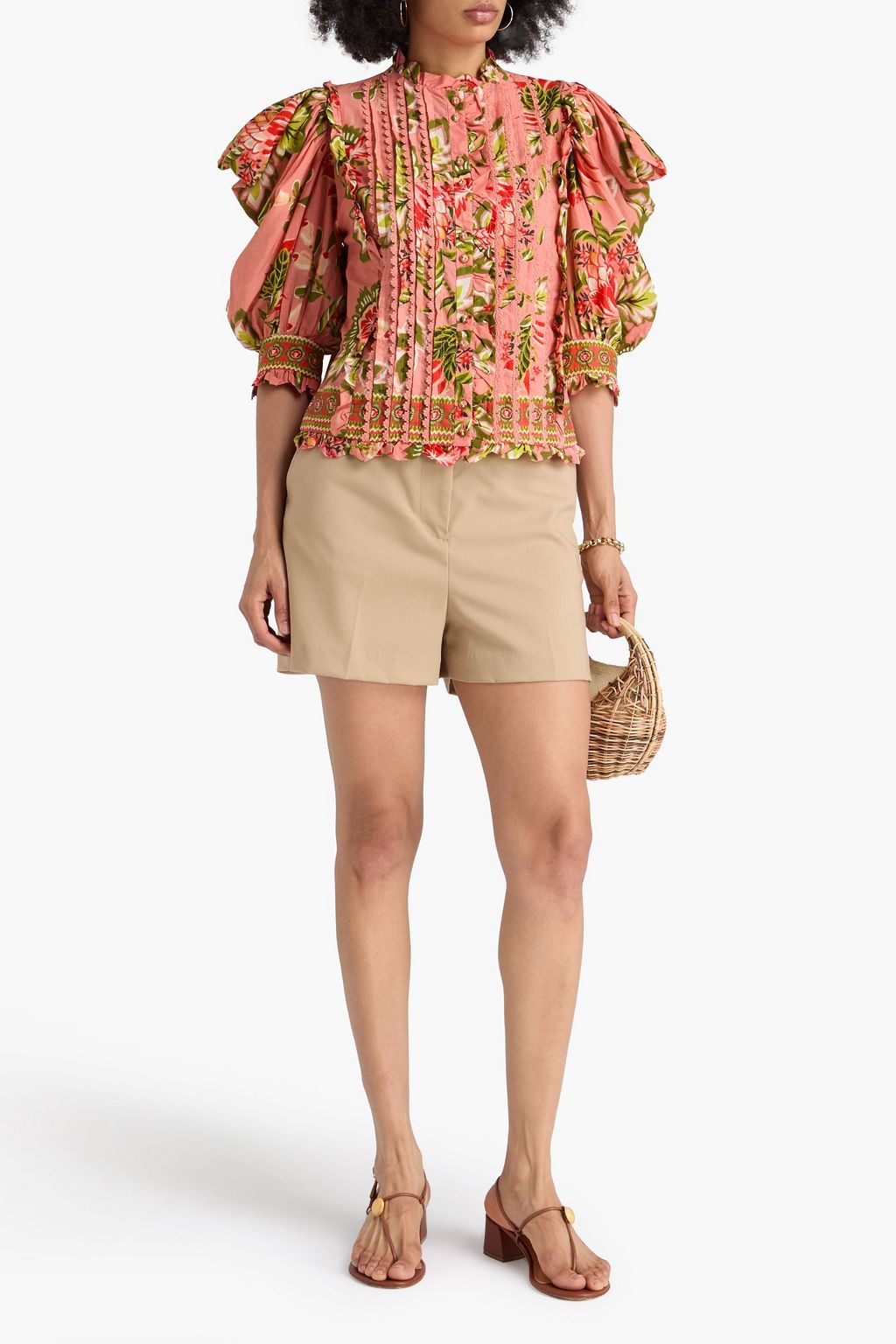 FARM RIO Pintucked floral-print cotton top