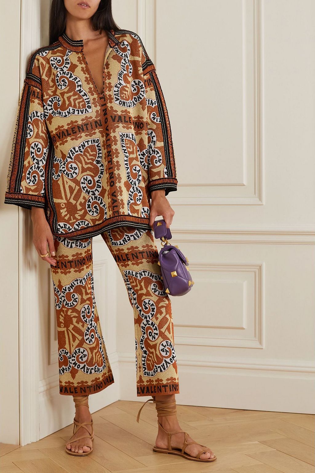 VALENTINO GARAVANI Cropped metallic jacquard-knit bootcut pants