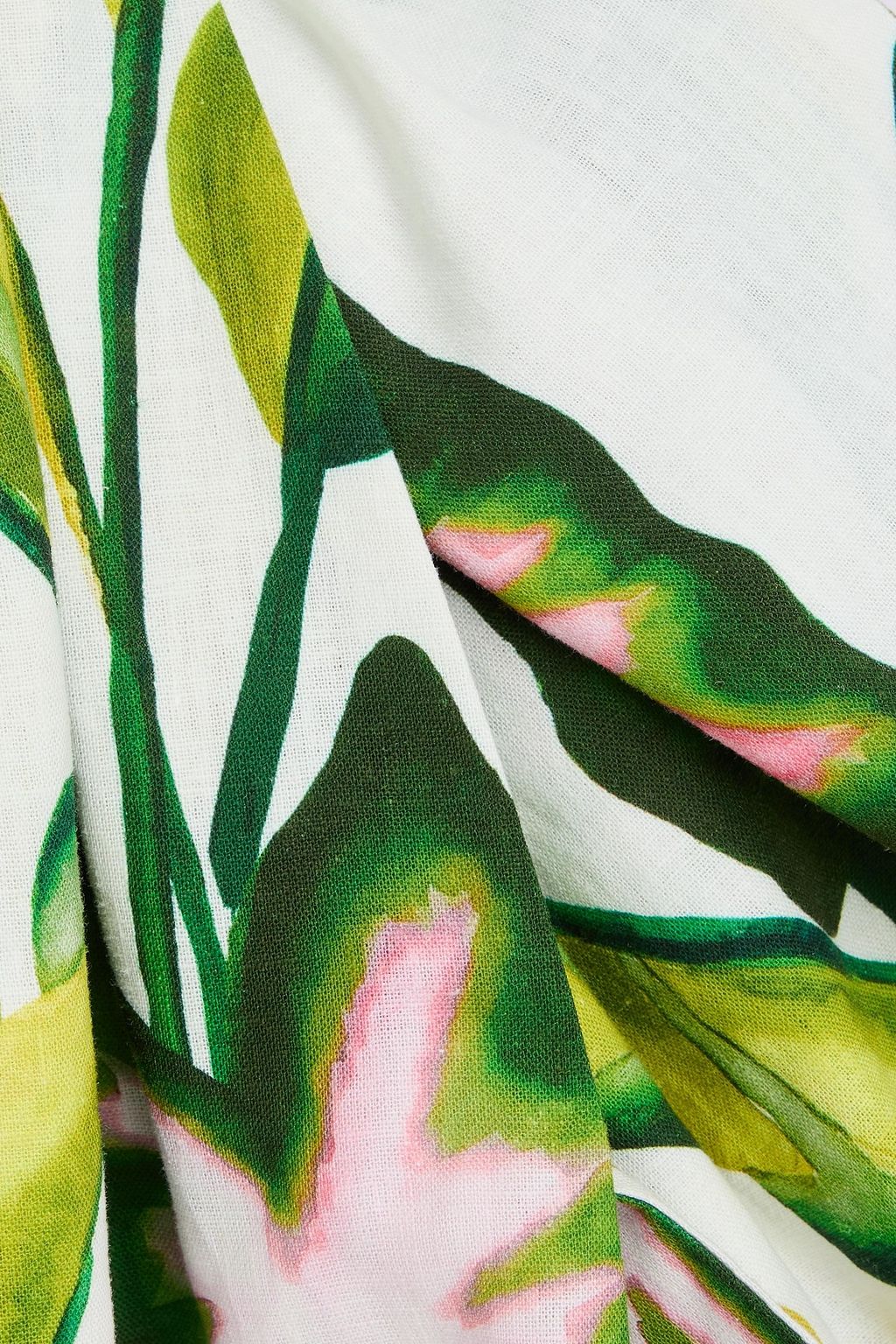 FARM RIO Cropped embellished floral-print linen-blend top