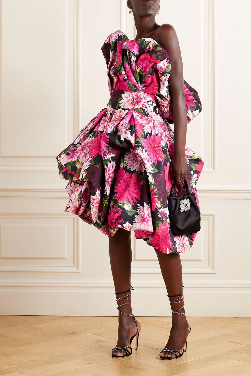 OSCAR DE LA RENTA ファイユ ストラップレス ワンピース フローラルプリント ギャザー入り