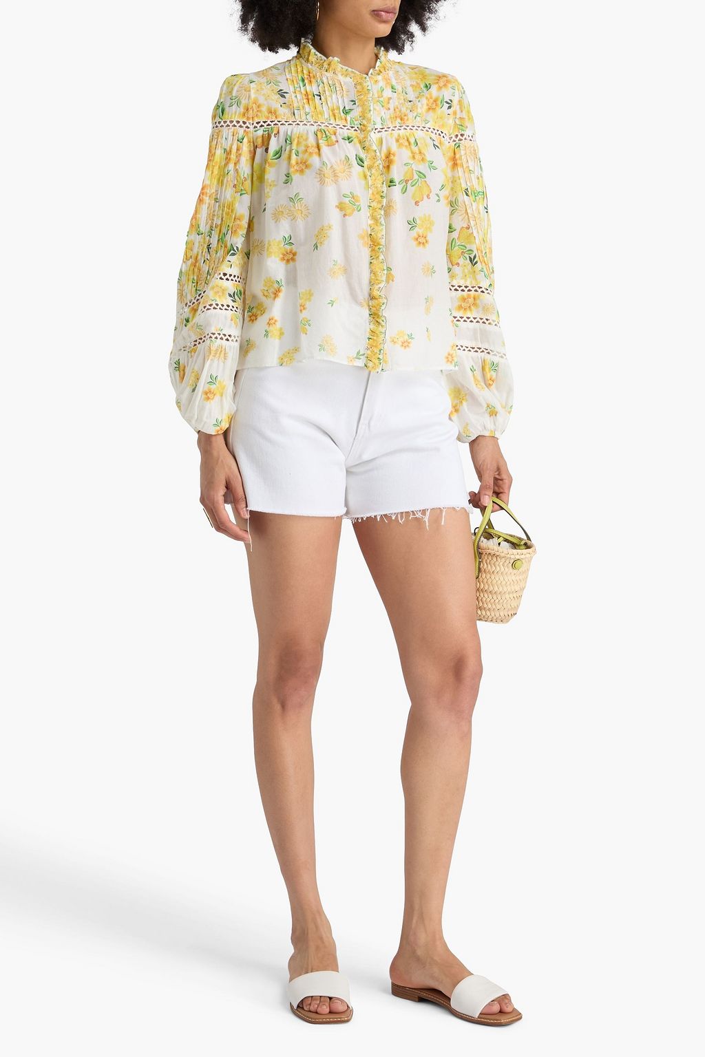 FARM RIO Pintucked floral-print cotton top
