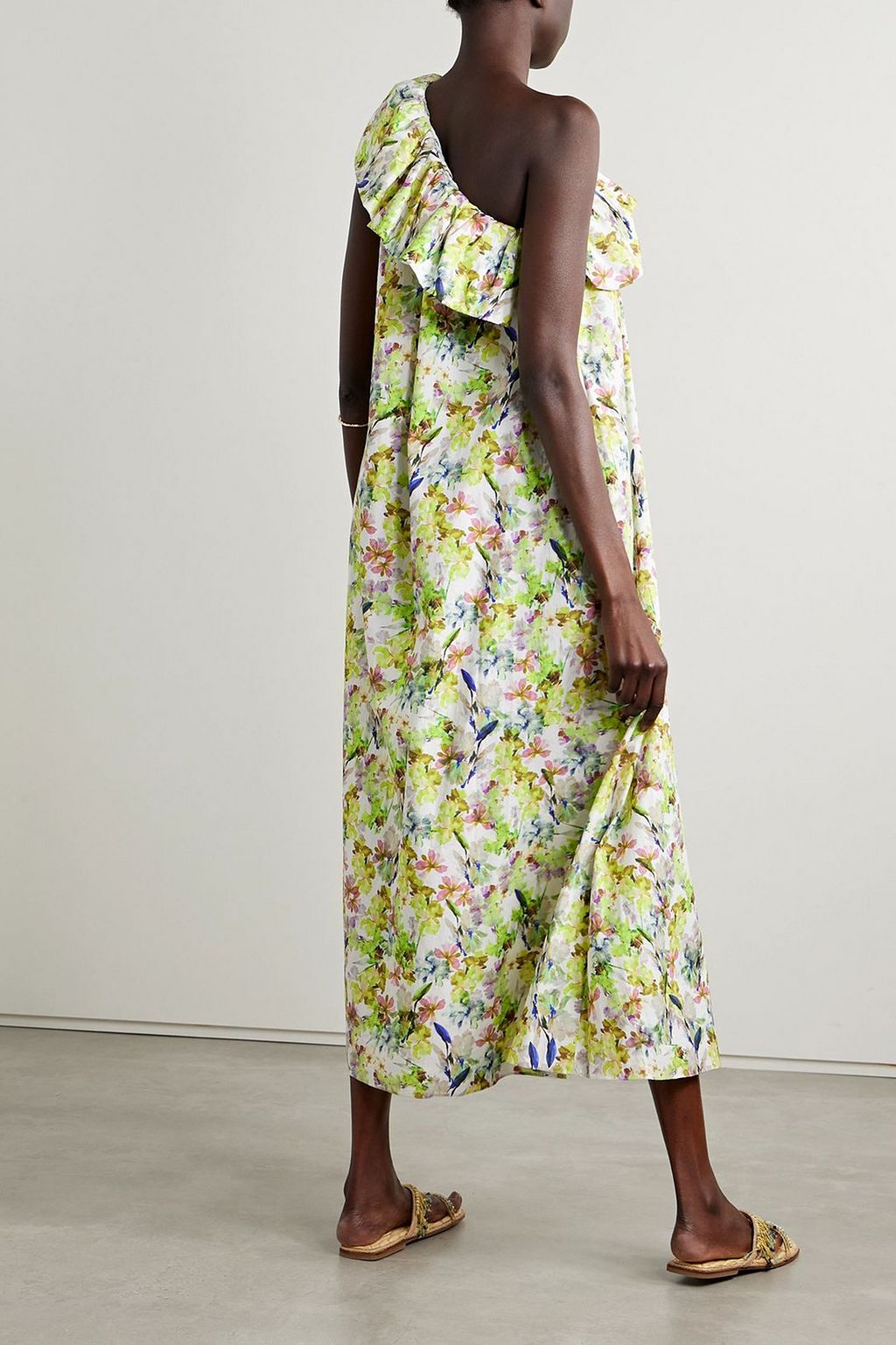 KIKA VARGAS Bonnie asymmetrisches Maxikleid aus Baumwollpopeline mit Blumenprint und Rüschen