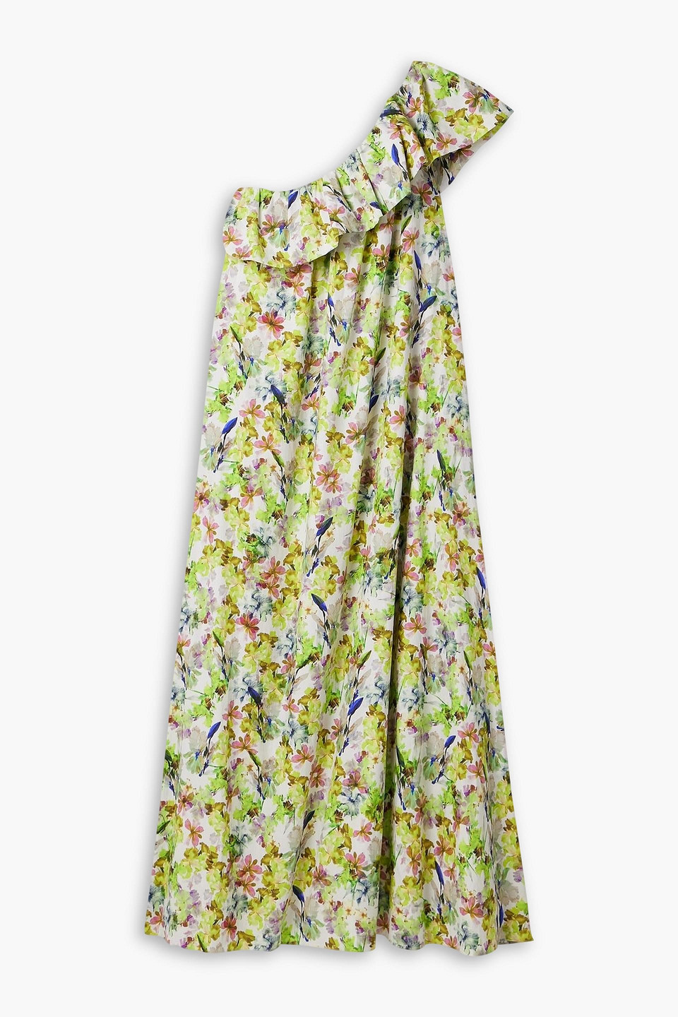 Kika Vargas Bonnie One-shoulder Ruffled Floral-print Cotton-poplin Maxi Dress In Green