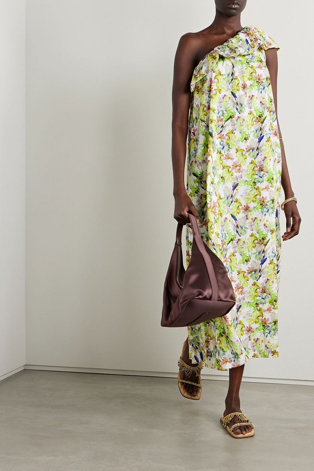 KIKA VARGAS Bonnie asymmetrisches Maxikleid aus Baumwollpopeline mit Blumenprint und Rüschen