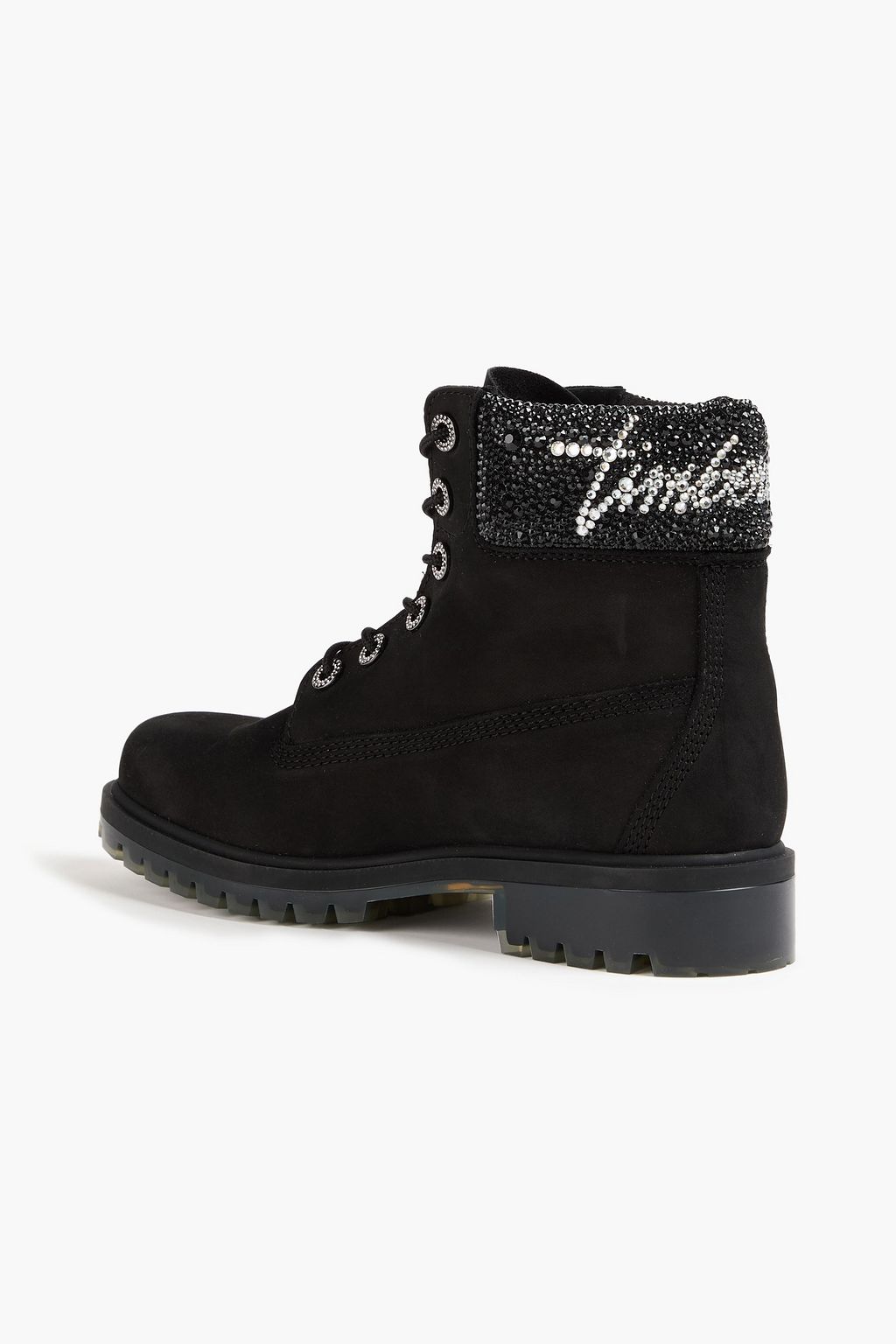 JIMMY CHOO X TIMBERLAND حذاء بوت كومبات من جلد النوبوك مزين بالكريستال