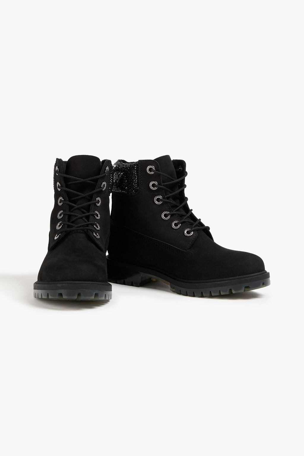 JIMMY CHOO X TIMBERLAND حذاء بوت كومبات من جلد النوبوك مزين بالكريستال