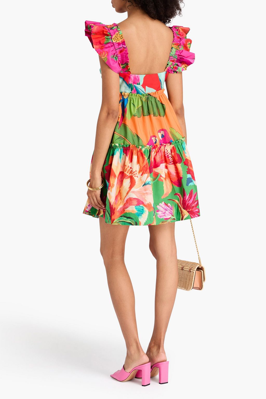 FARM RIO Tiered printed floral-print cotton-poplin mini dress