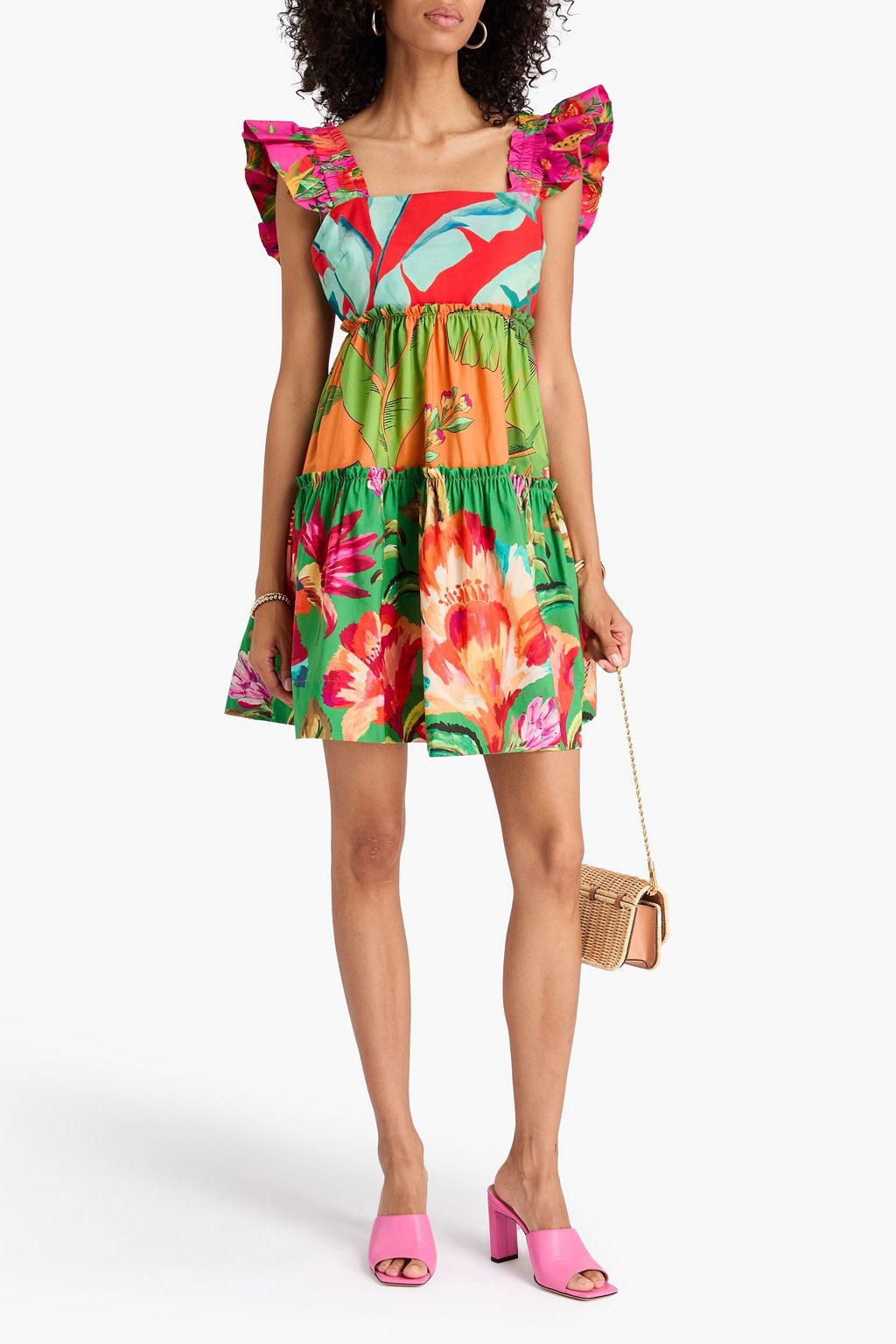 FARM RIO Tiered printed floral-print cotton-poplin mini dress