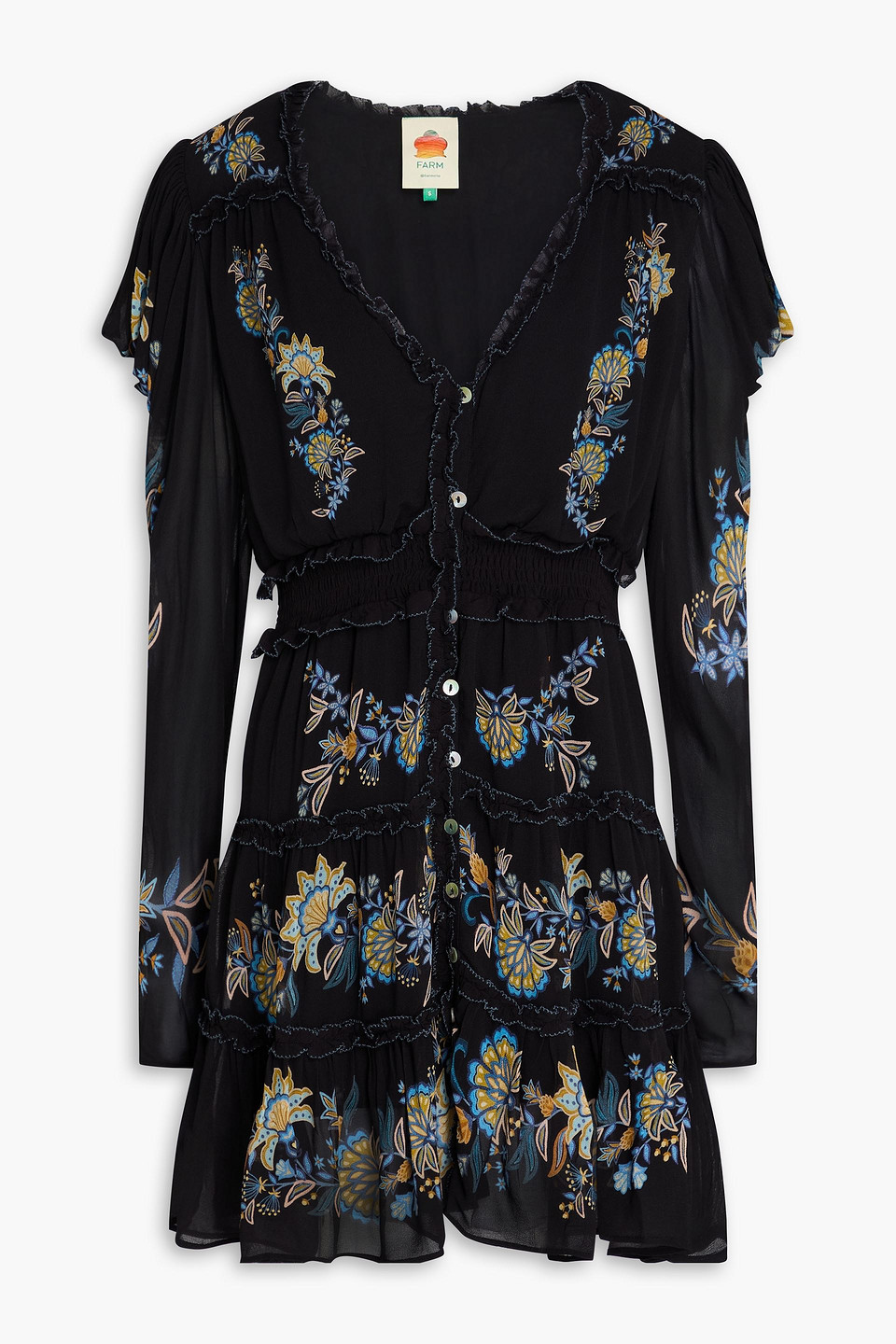 farm rio - ruffled floral-print crepe mini dress - black - xxs