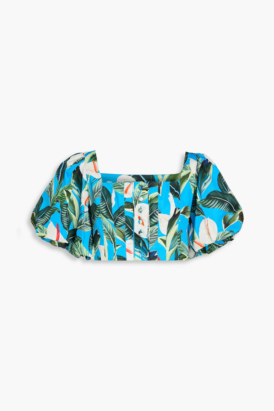 farm rio - cropped floral-print cotton top - blue - xs