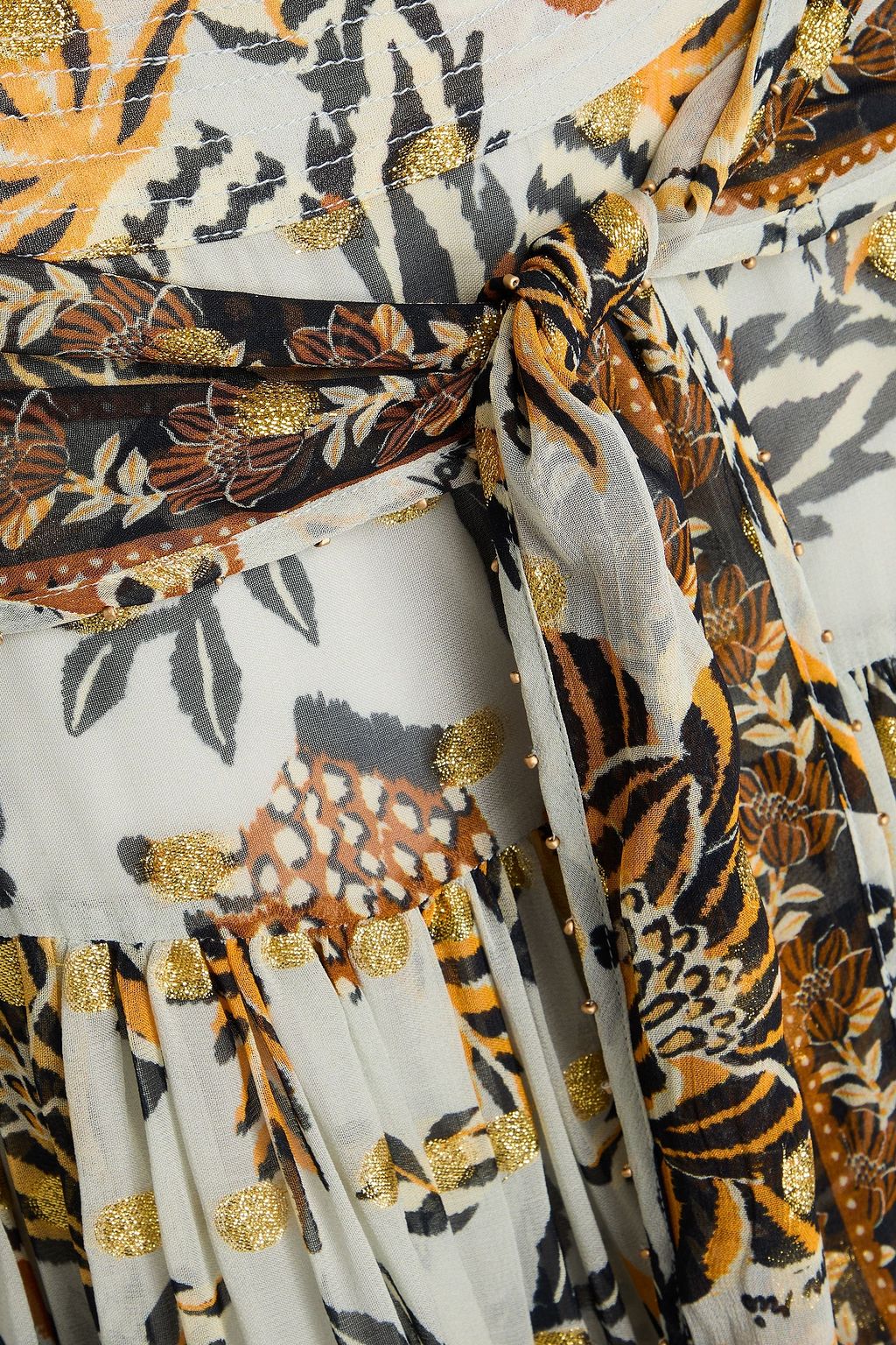 FARM RIO Bead-embellished tie-front printed metallic fil coupé mini skirt