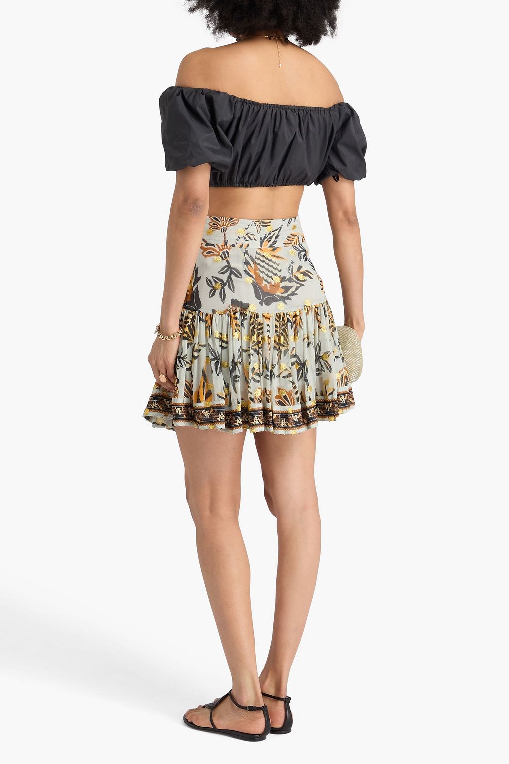 FARM RIO Bead-embellished tie-front printed metallic fil coupé mini skirt