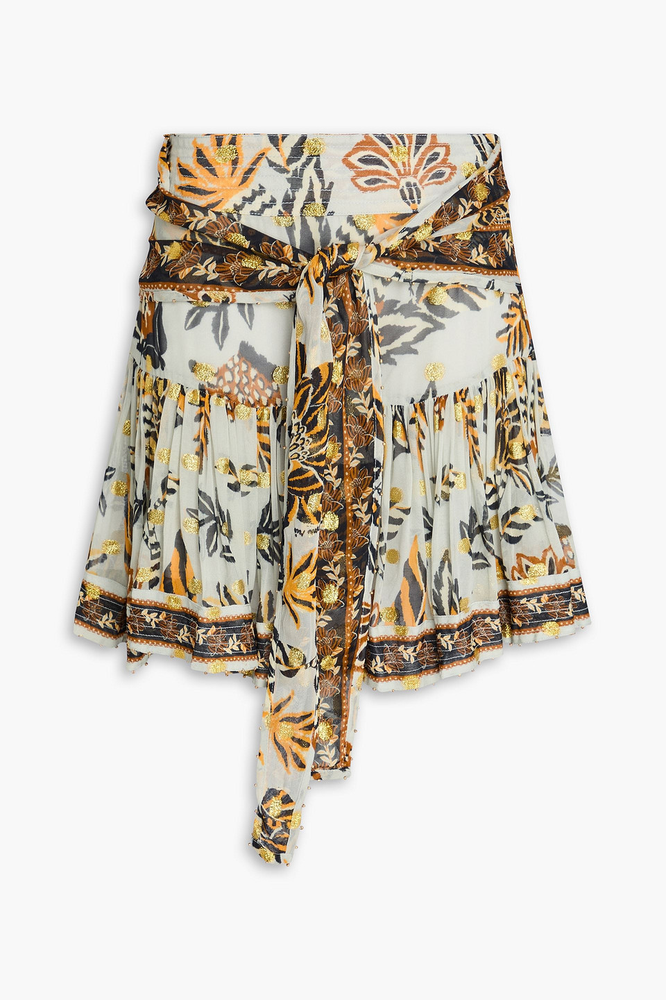 Farm Rio Bead-embellished Tie-front Printed Metallic Fil Coupé Mini Skirt In Multi