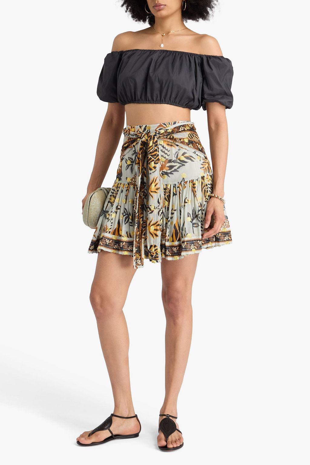 FARM RIO Bead-embellished tie-front printed metallic fil coupé mini skirt