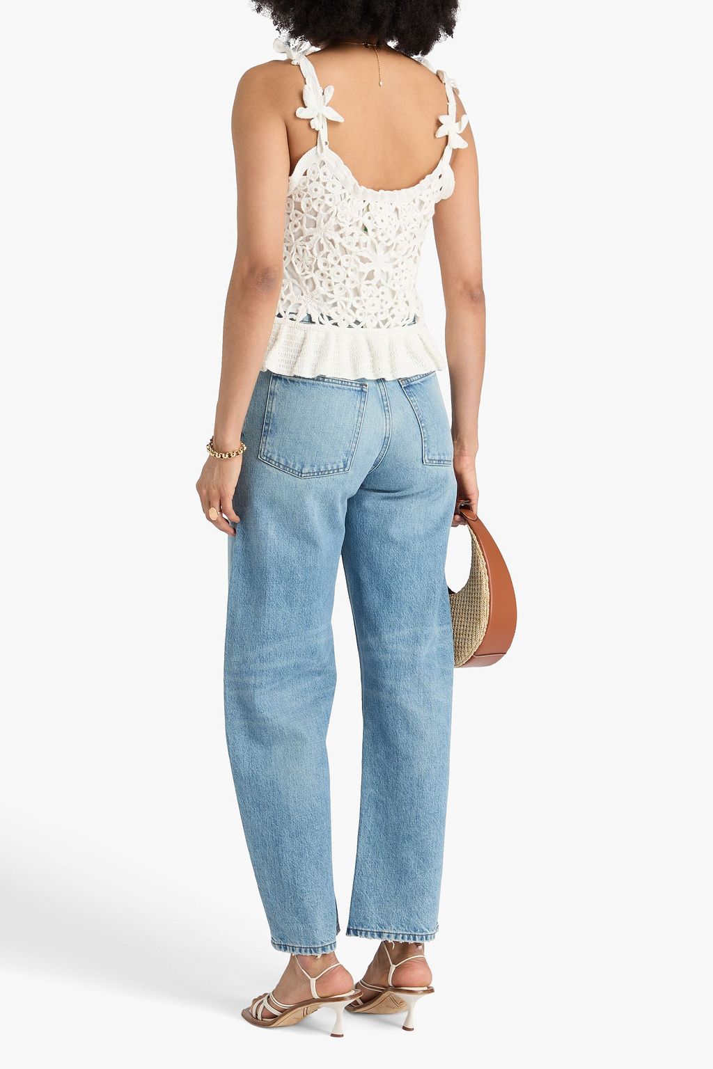 FARM RIO Embellished macramé cotton top