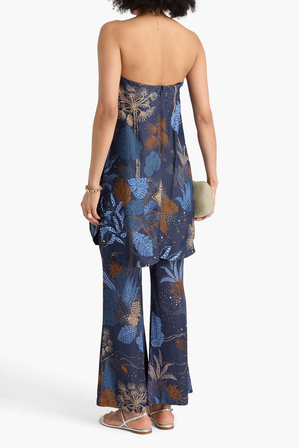 FARM RIO Strapless printed satin-twill top
