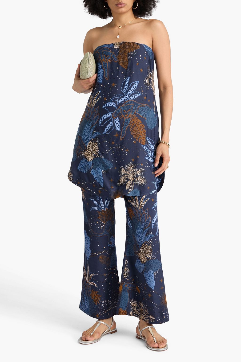 FARM RIO Strapless printed satin-twill top