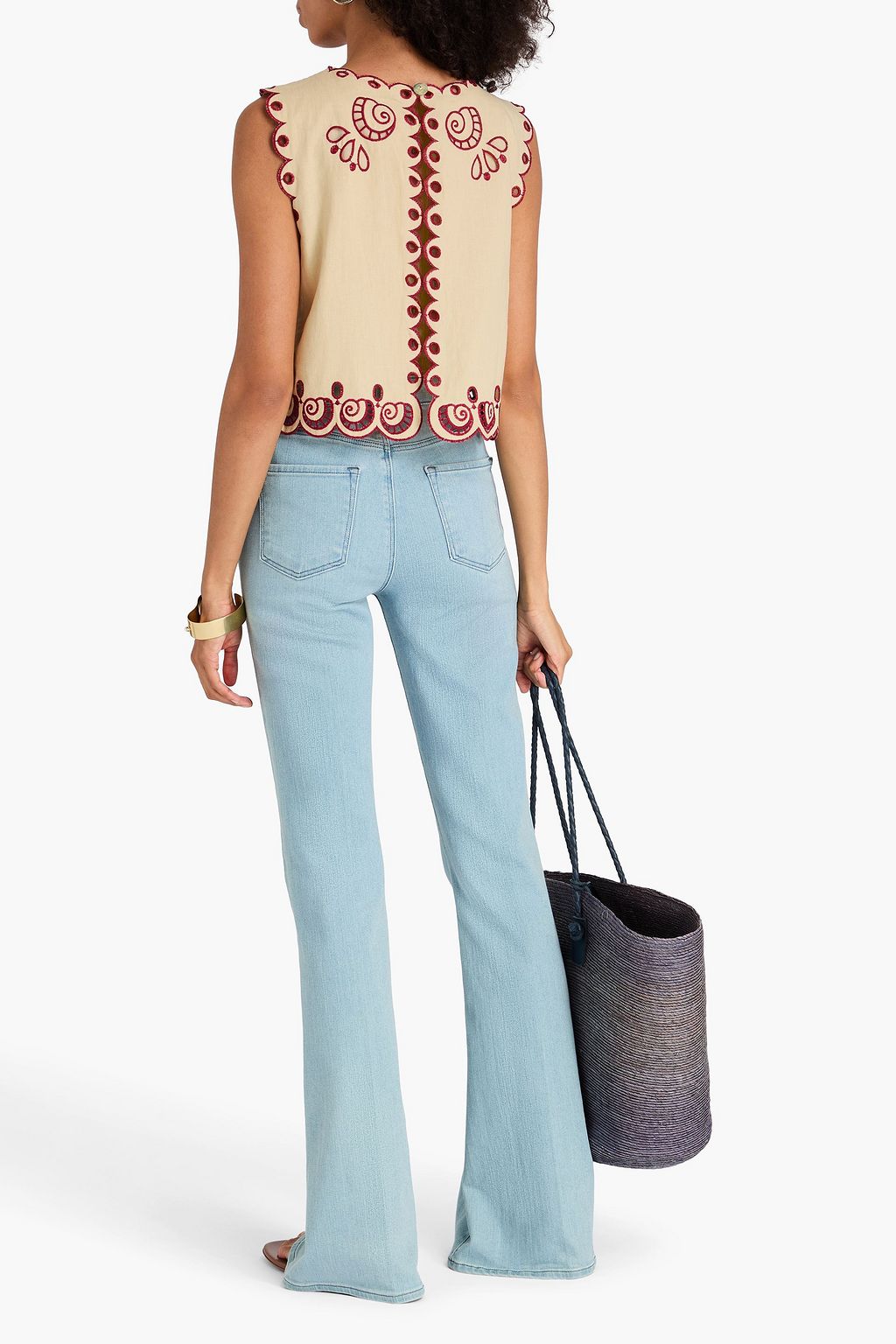 FARM RIO Cropped broderie anglaise linen-blend top