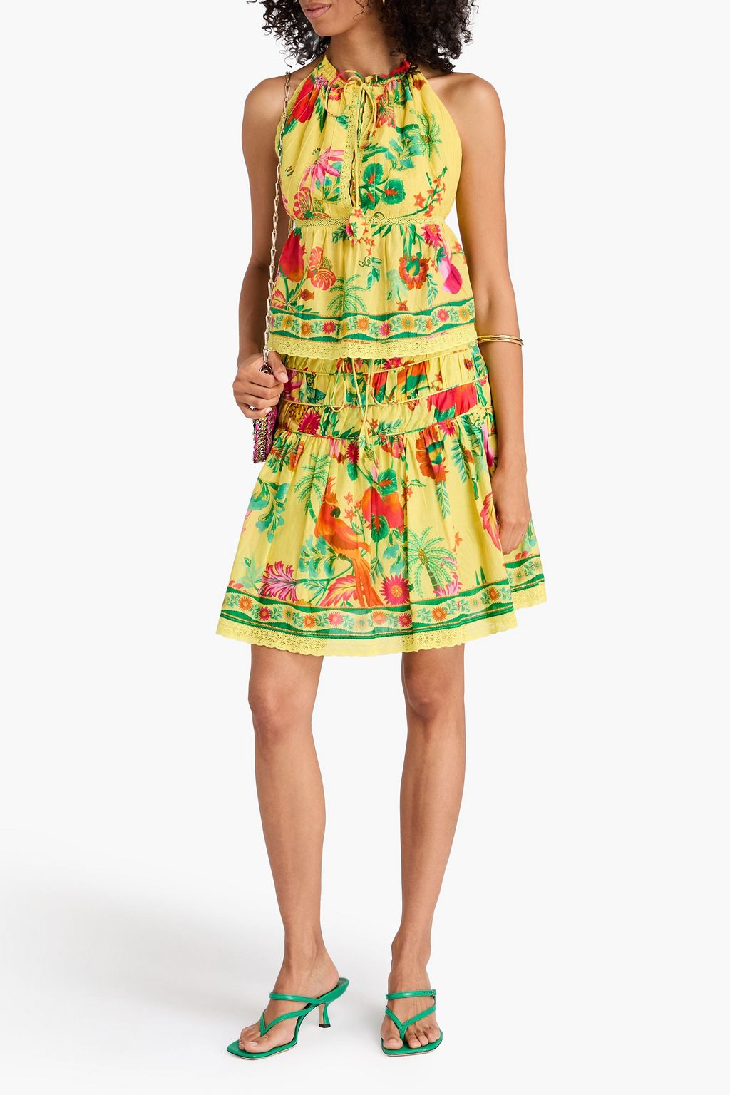 FARM RIO Cropped lace-trimmed floral-print cotton top