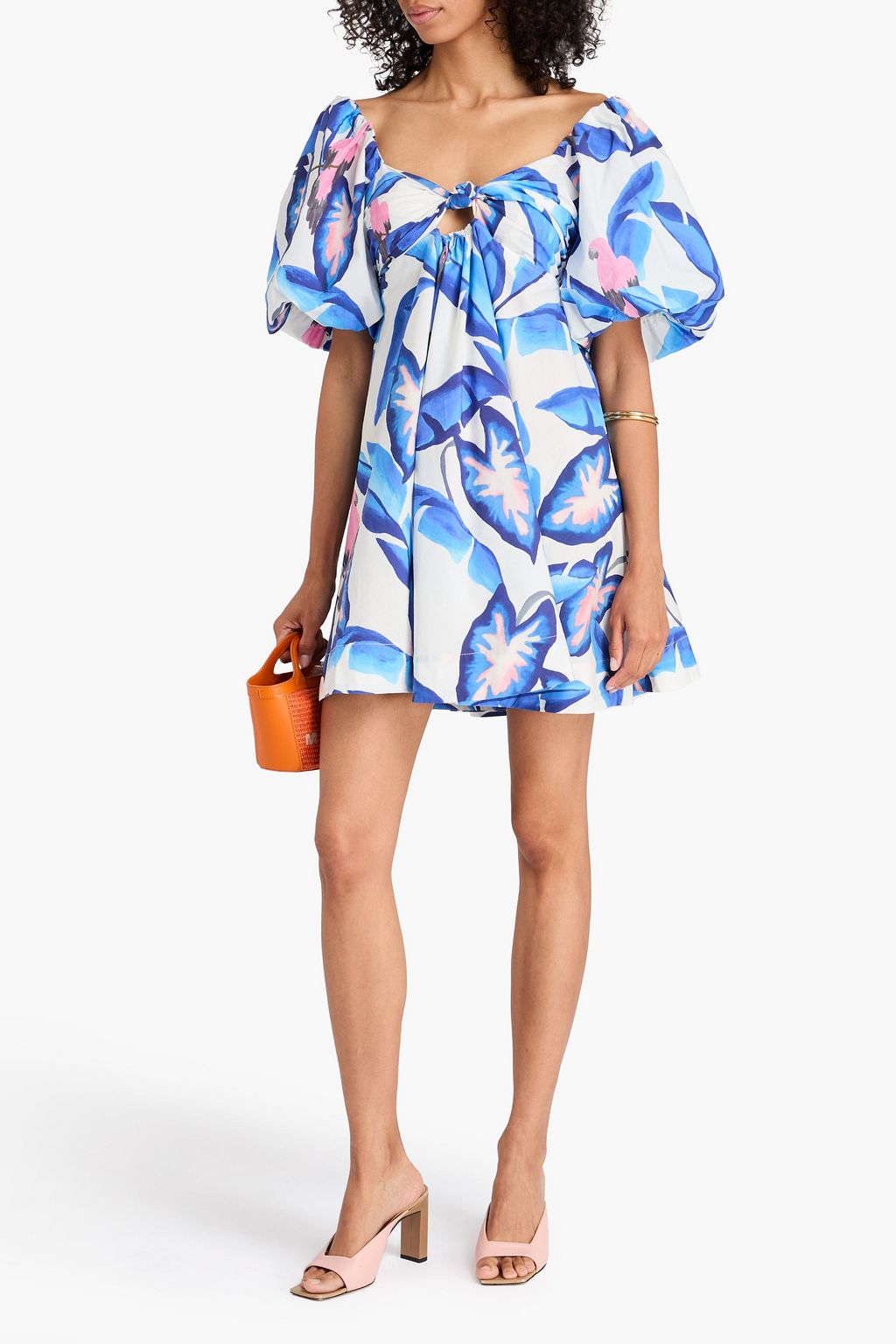 FARM RIO Knotted printed cotton-poplin mini dress