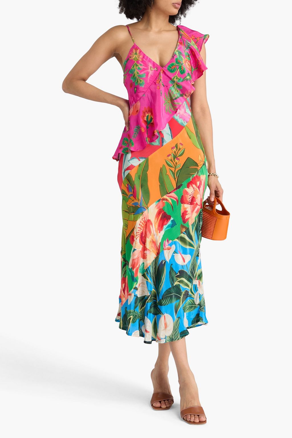 FARM RIO Ruffled floral-print crepe de chine midi dress