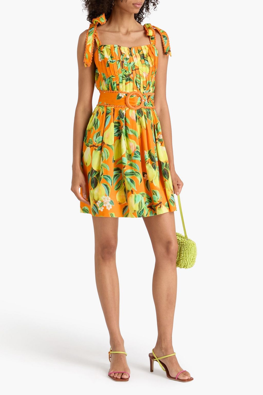 FARM RIO Crocheted lace-trimmed belted printed cotton mini dress