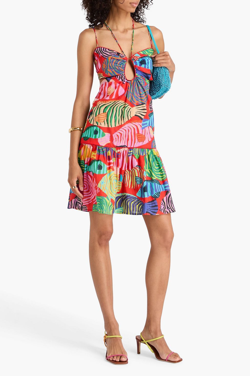 FARM RIO Cutout printed cotton mini dress