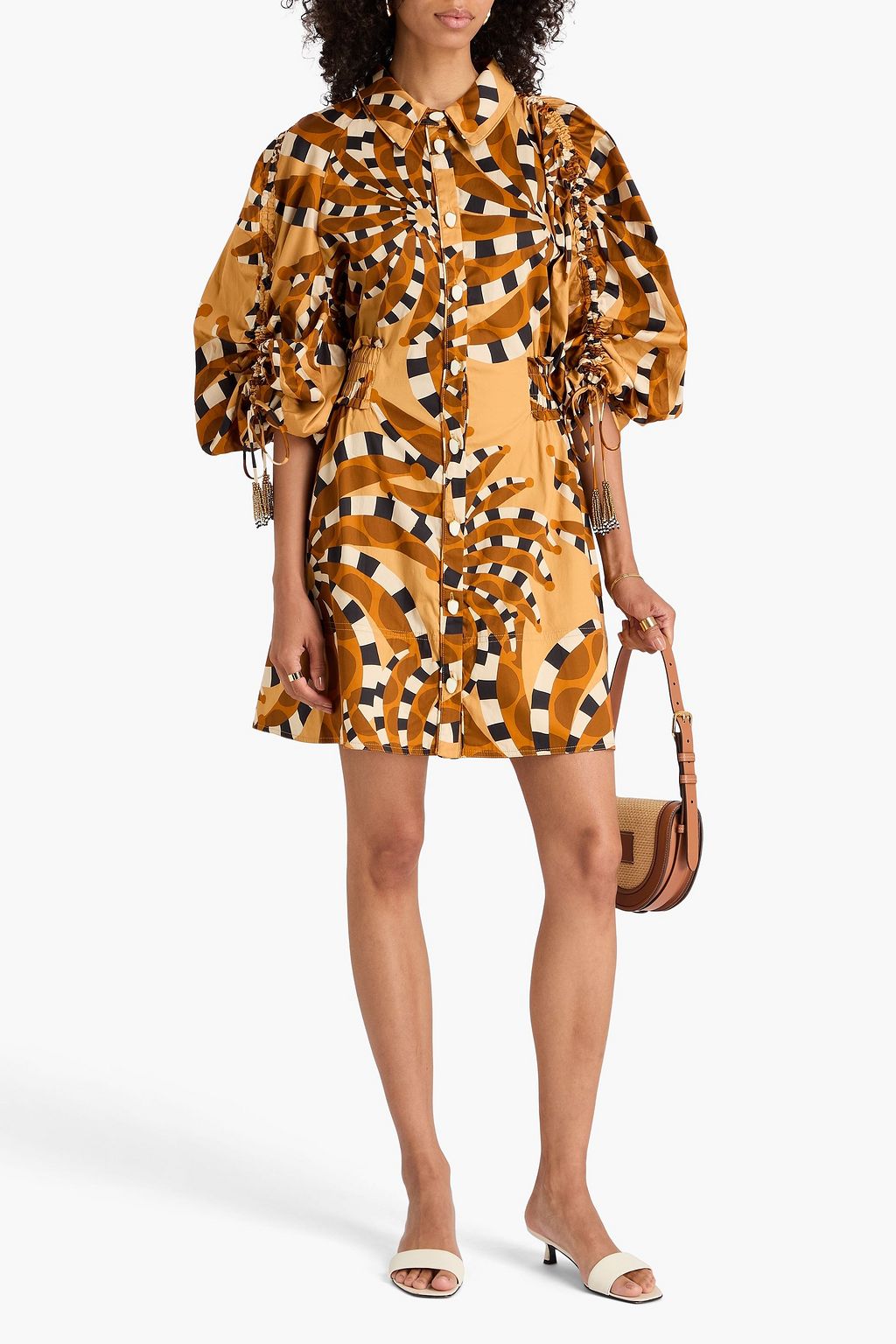 FARM RIO Printed cotton-blend poplin mini shirt dress