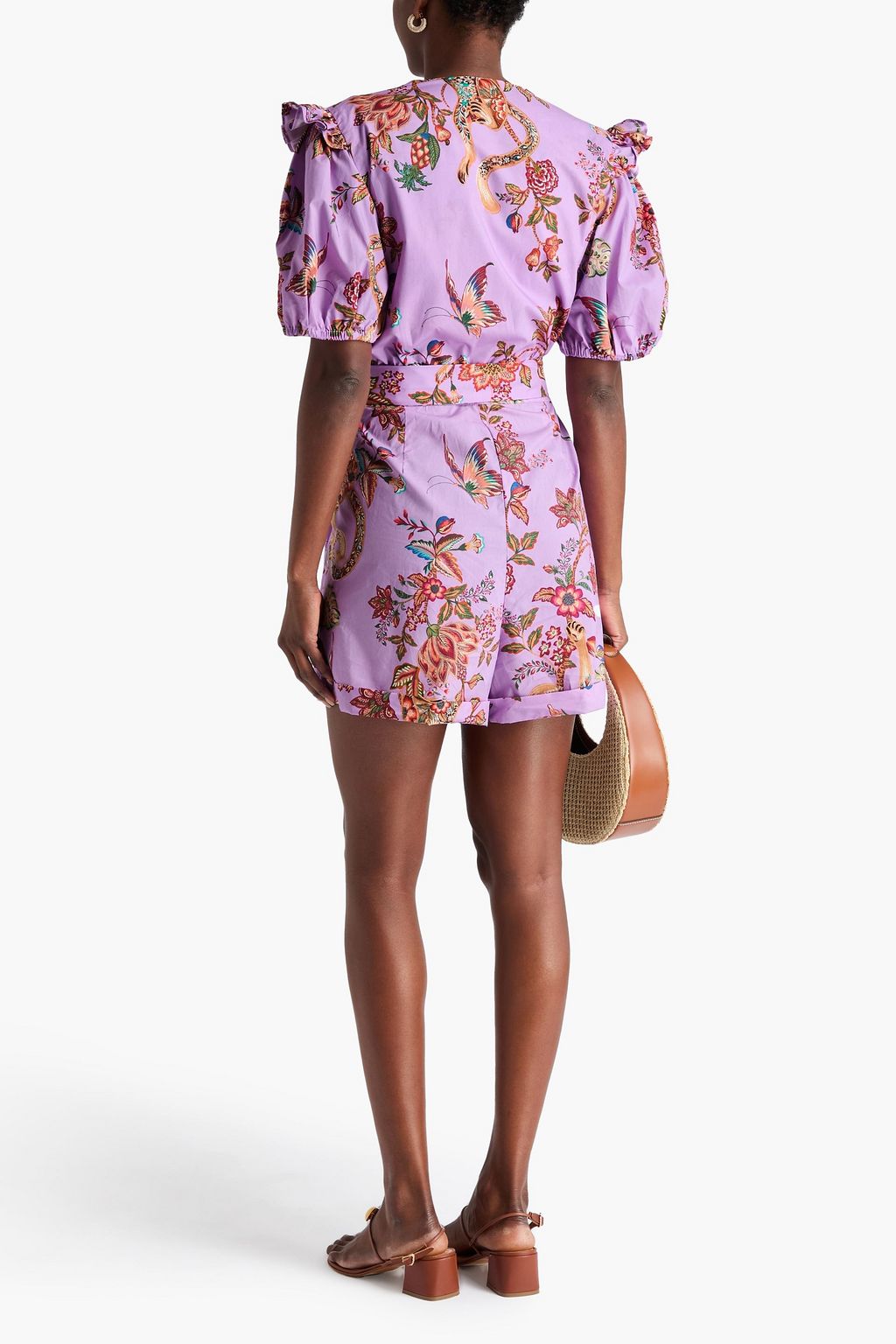 FARM RIO Belted floral-print cotton-poplin playsuit