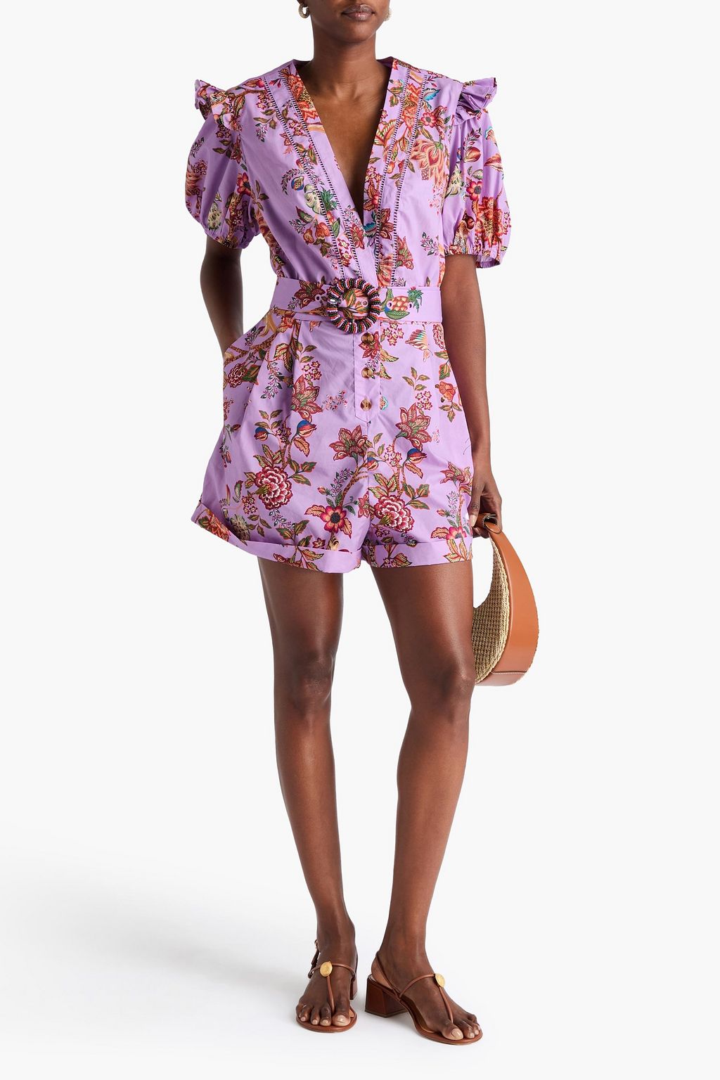FARM RIO Belted floral-print cotton-poplin playsuit