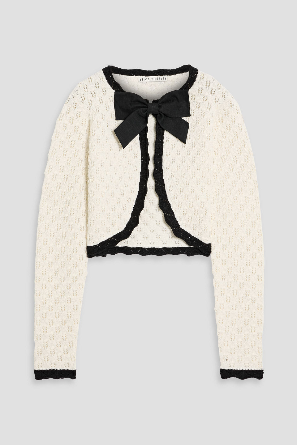 Alice And Olivia Danie Cropped Bow-detailed Crochet-knit Cotton And Wool-blend Cardigan In Neutral