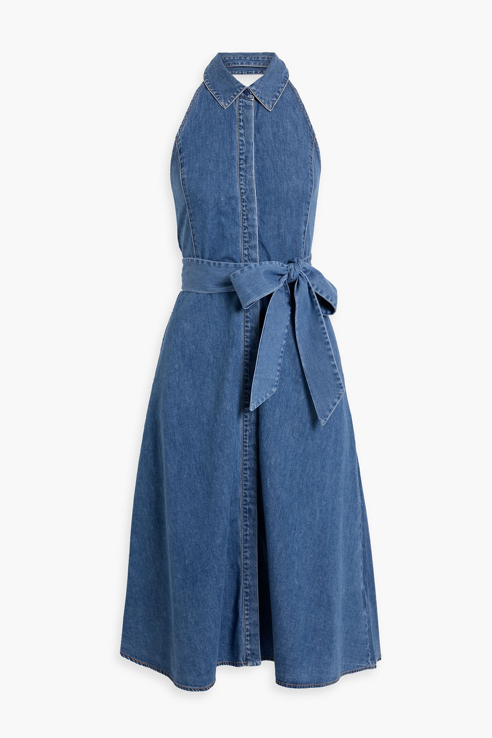 Chassidy belted cotton-chambray halterneck midi dress