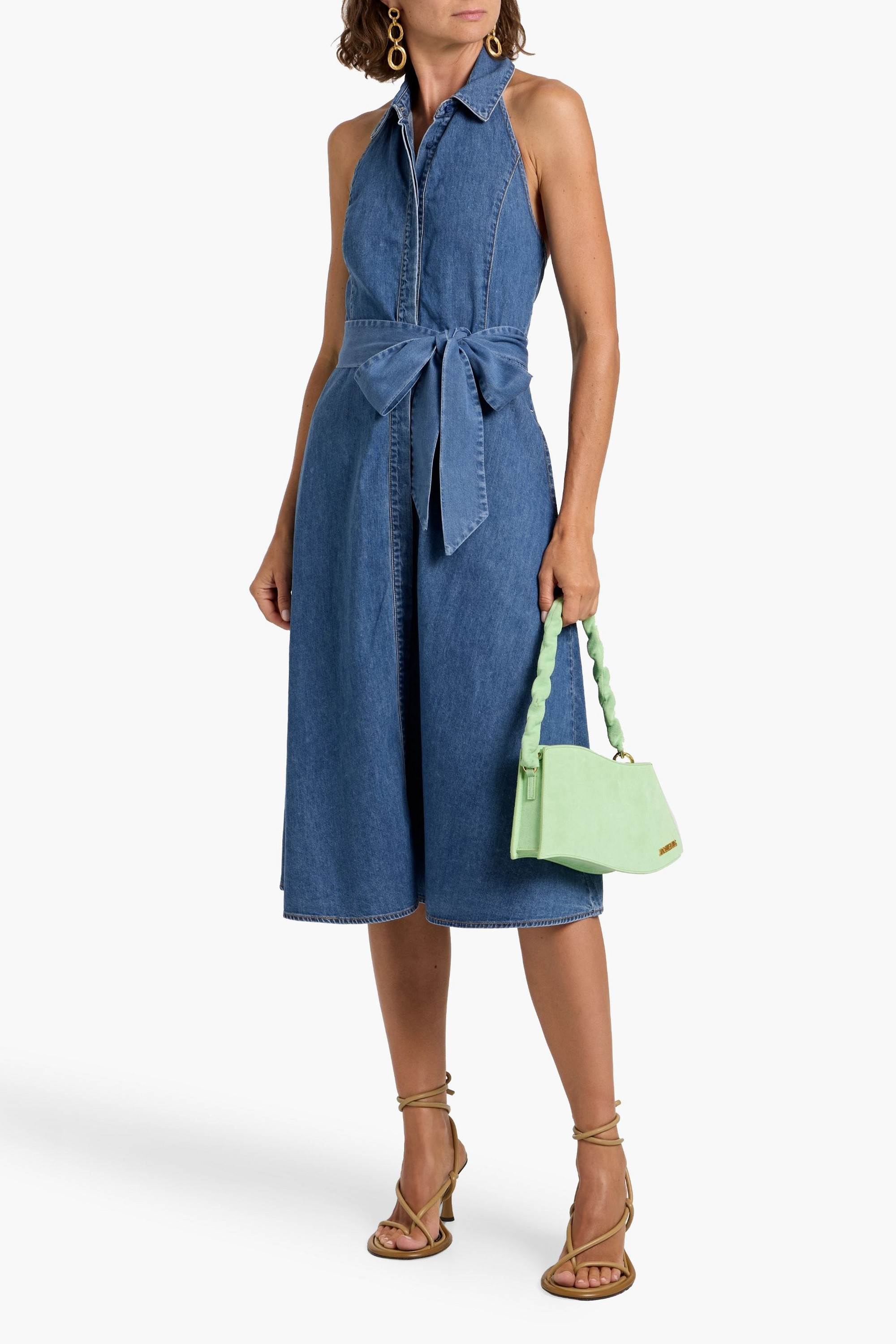 ALICE + OLIVIA JEANS Chassidy belted cotton-chambray halterneck midi dress