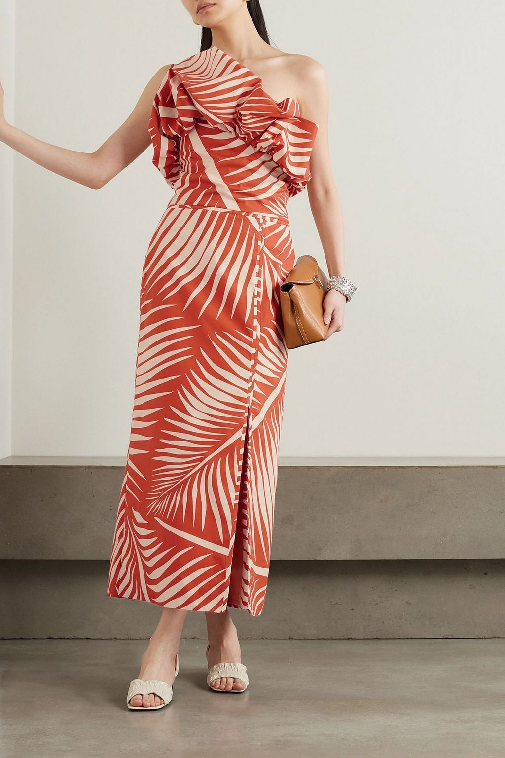 JOHANNA ORTIZ Preconceived Notions one-shoulder ruffled printed cotton-poplin midi dress
