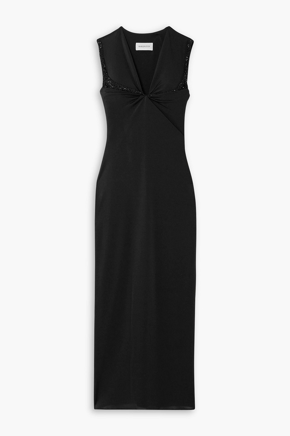 16arlington Venza Twist-front Crystal-embellished Glossed-jersey Midi Dress In Black