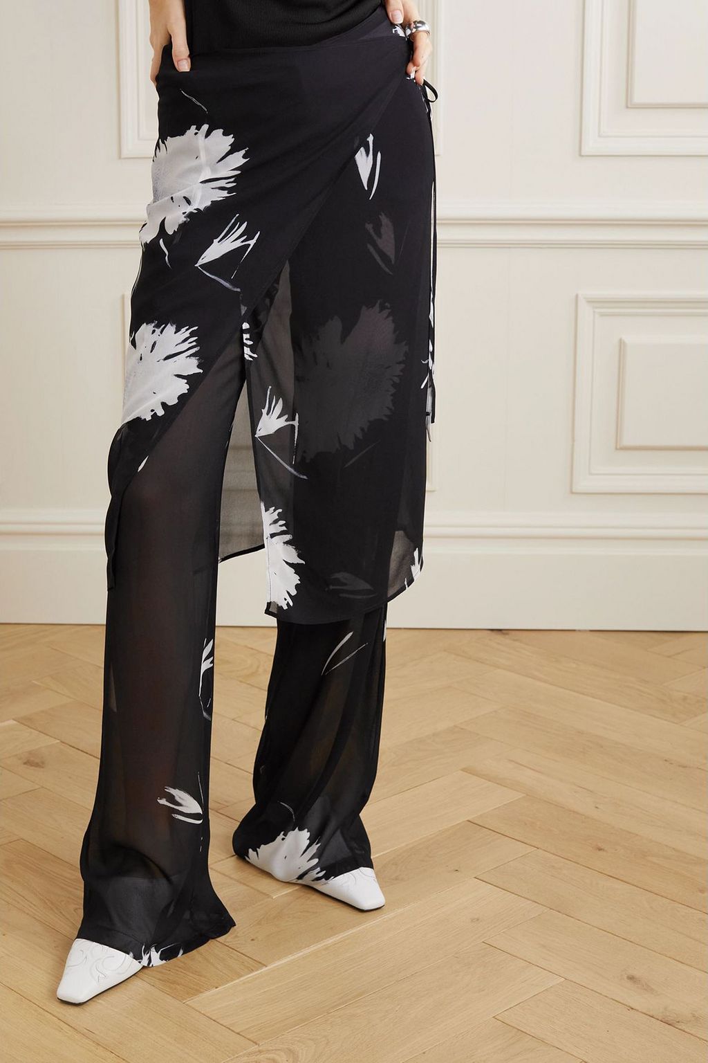 IOANNES Layered floral-print chiffon flared pants