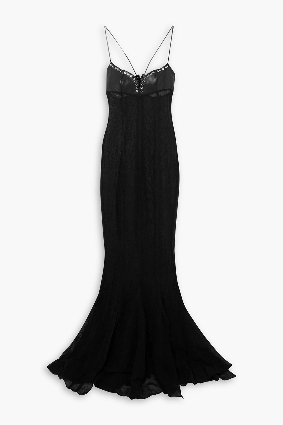 Ludovic De Saint Sernin Leather-trimmed Cotton-blend Fishnet Maxi Dress In Black