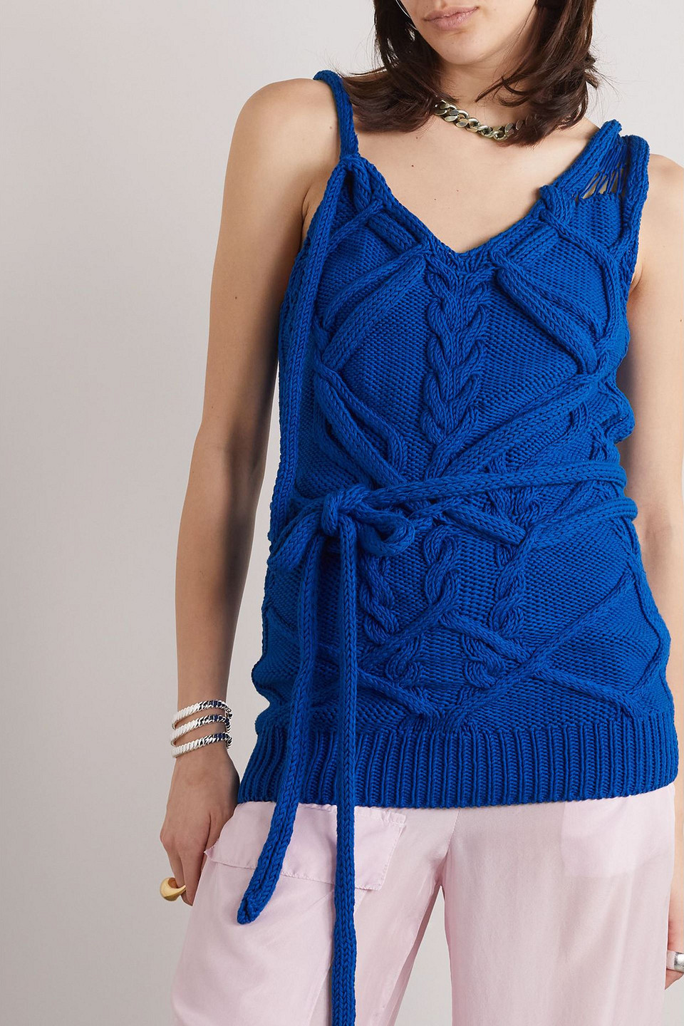 Dries Van Noten Distressed Cable-knit Cotton Tank In Blue