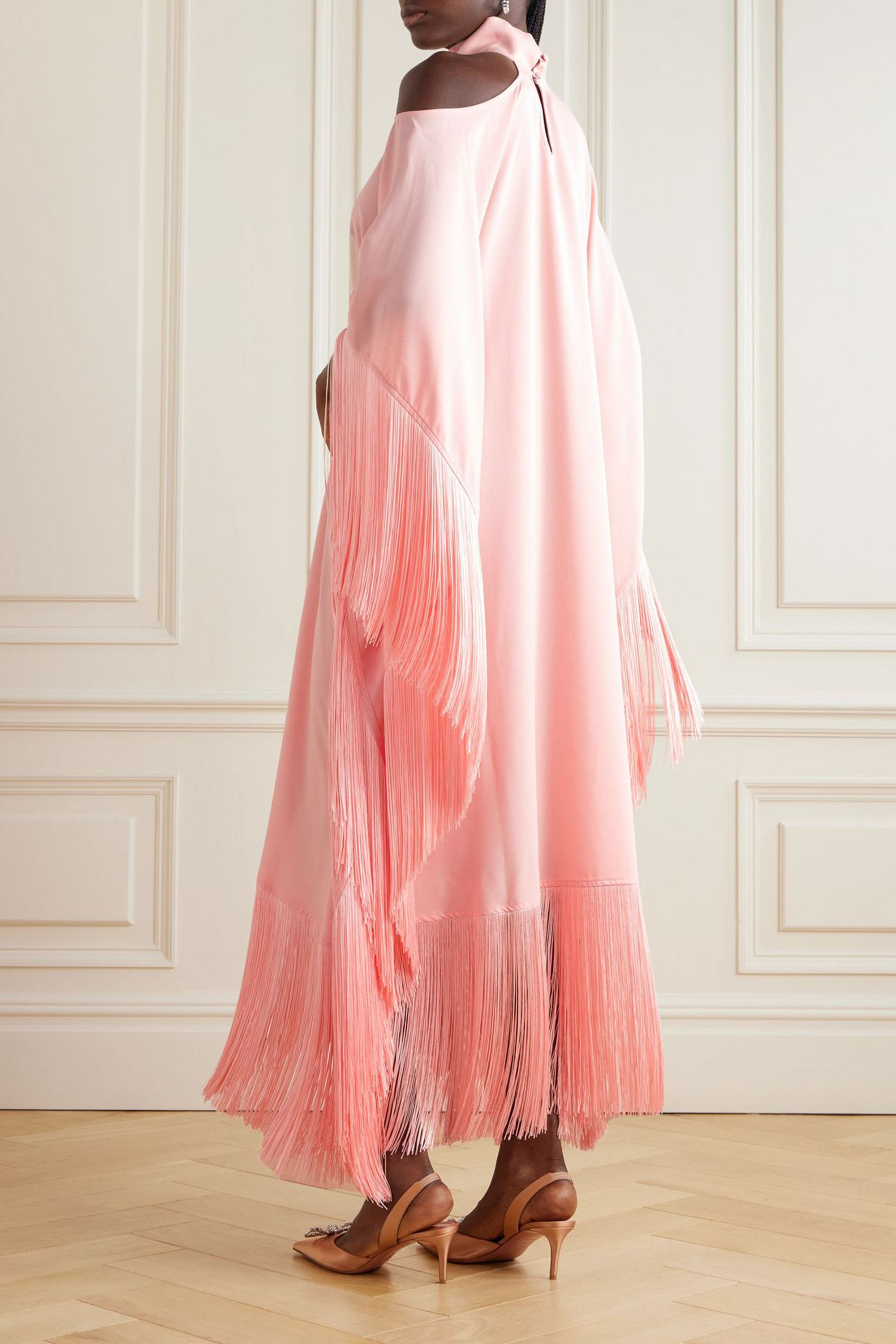 Taller Marmo Divina fringed off-the-shoulder cady halterneck gown