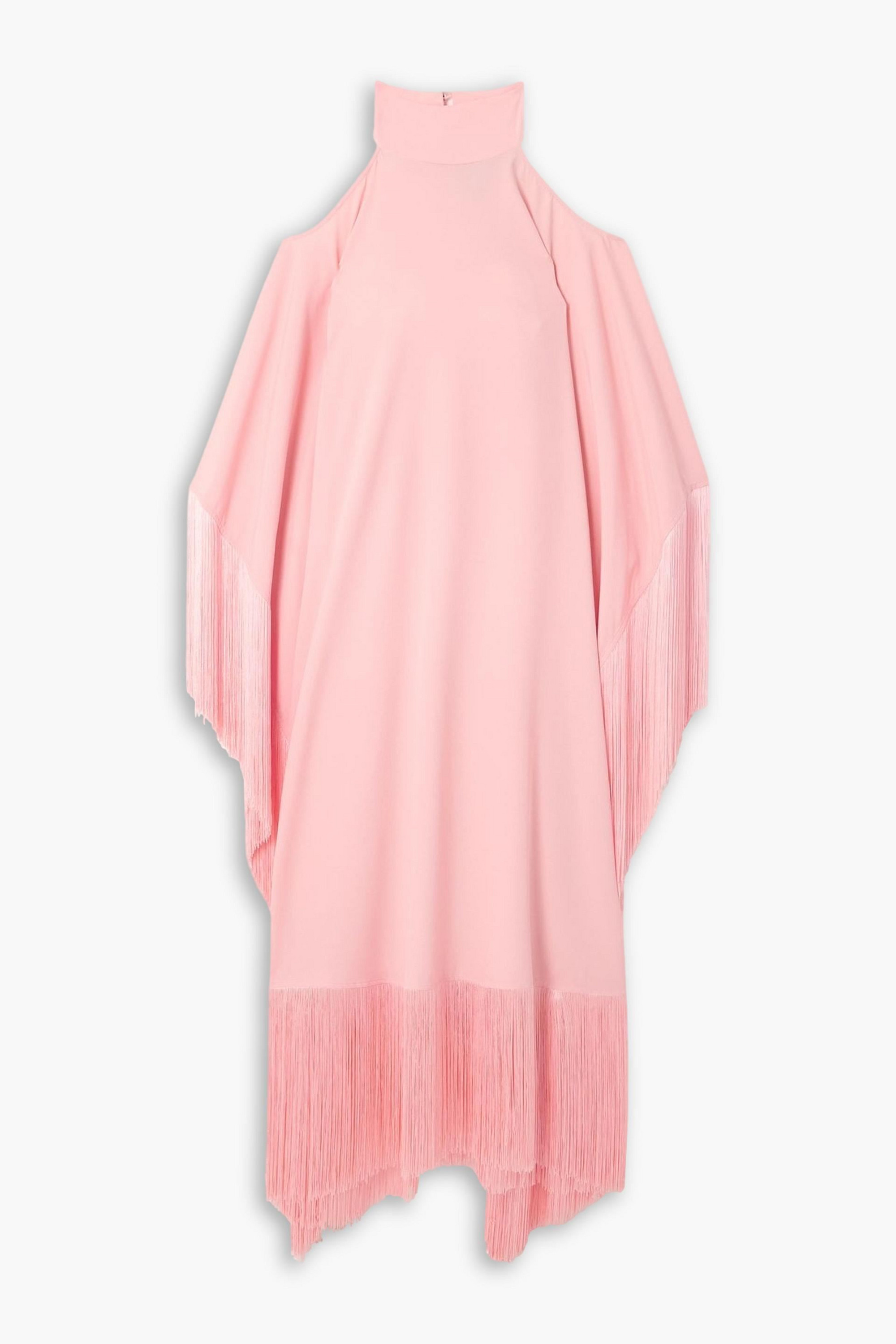 Taller Marmo Divina fringed off-the-shoulder cady halterneck gown