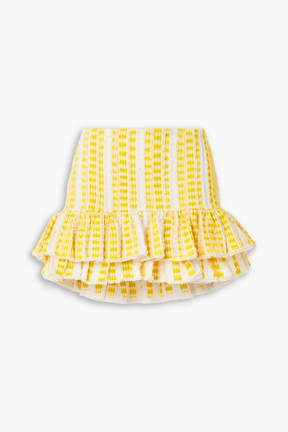 Rue Mariscal Frayed Ruffled Embroidered Cotton-gauze Mini Skirt In Yellow