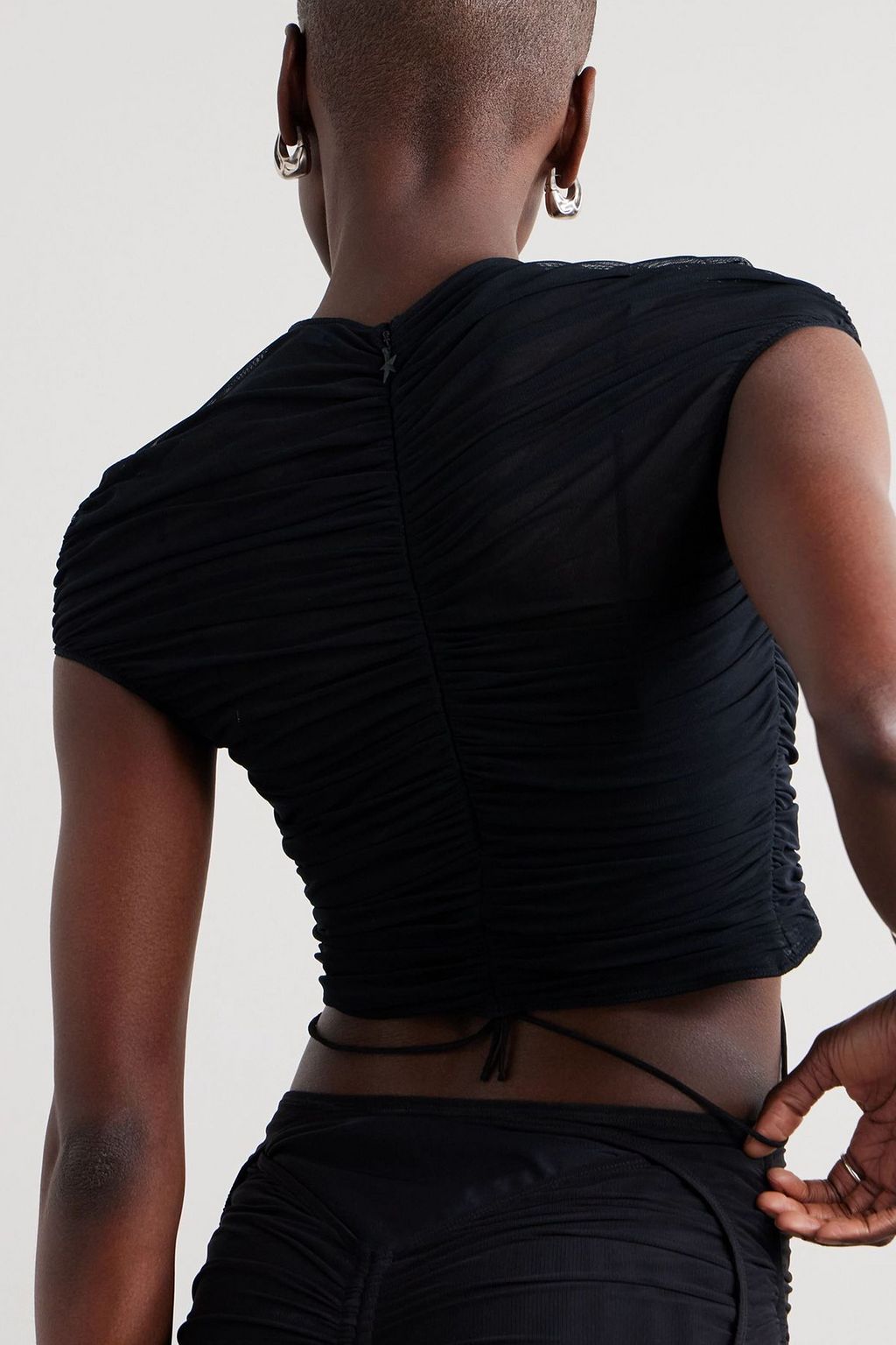 MUGLER Cropped ruched stretch-tulle top