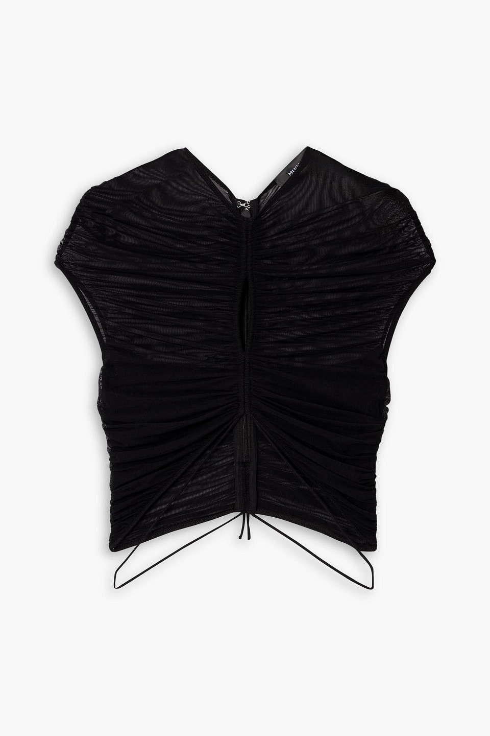 Mugler Cropped Ruched Stretch-tulle Top In Black