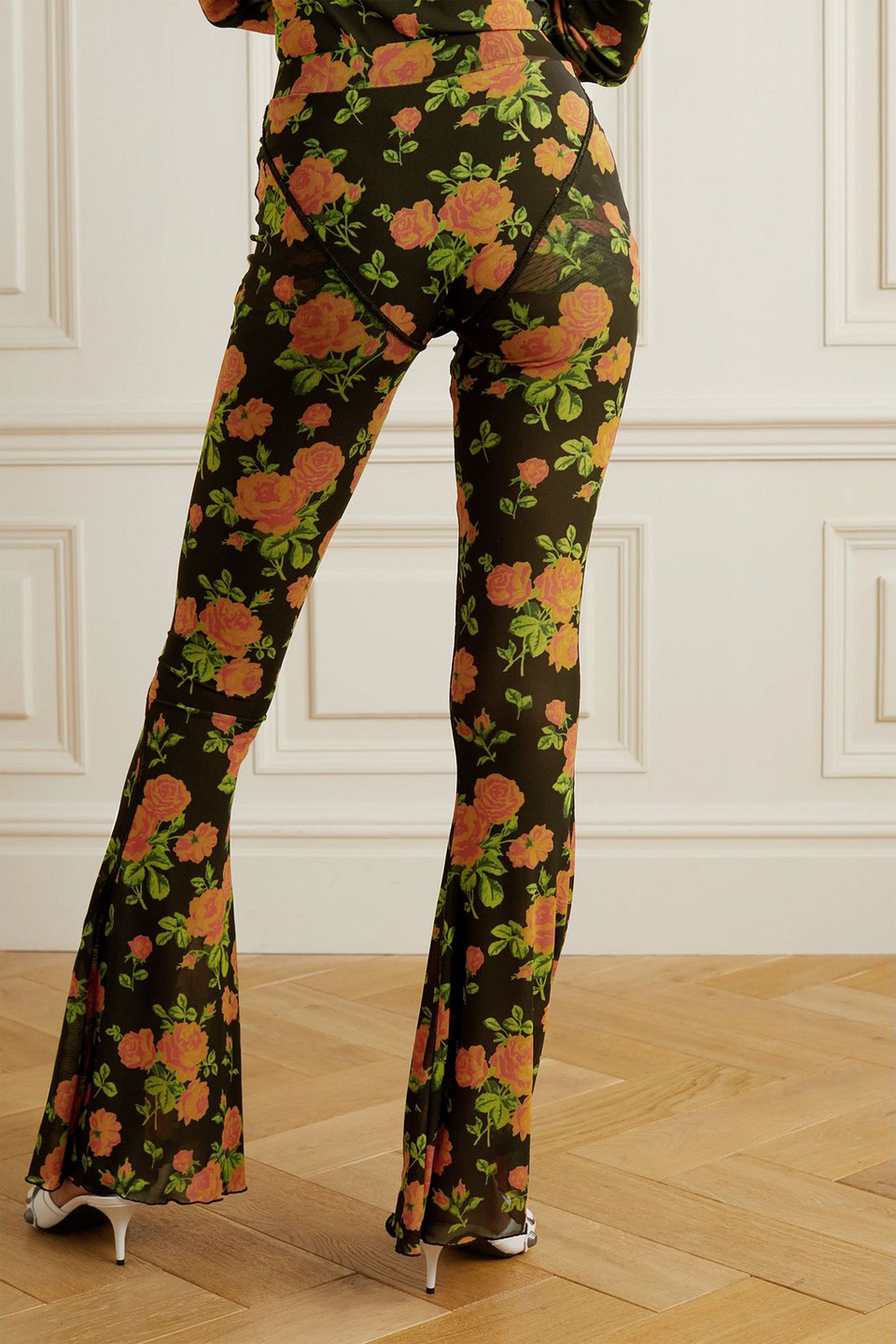 Richard Quinn Paneled Floral-print Stretch-mesh Flared Pants In Multi