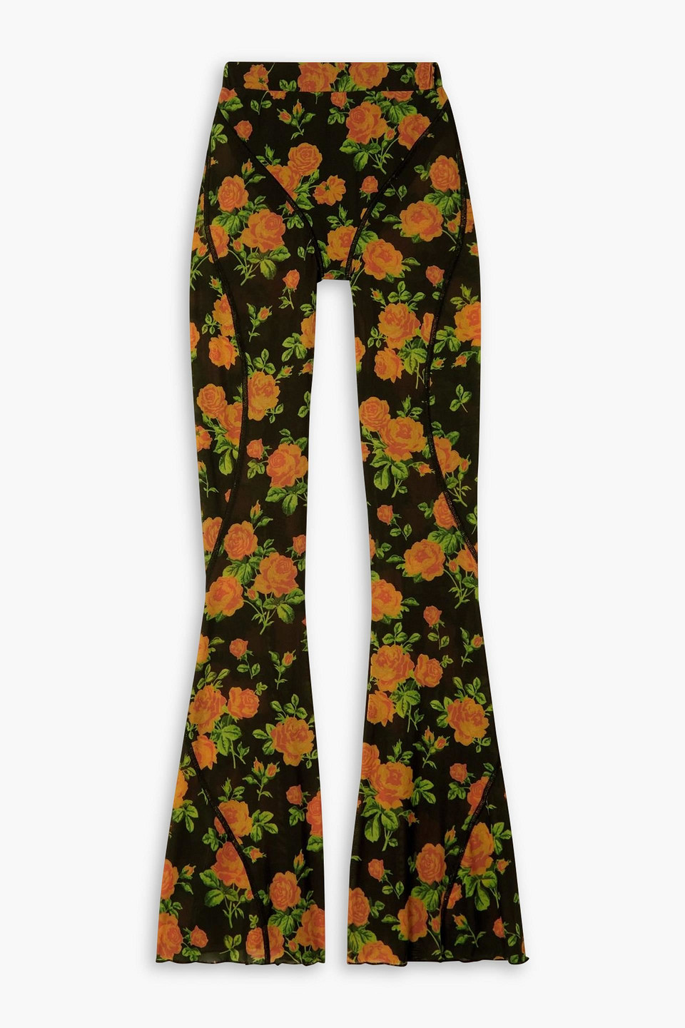 Richard Quinn Paneled Floral-print Stretch-mesh Flared Pants In Multi