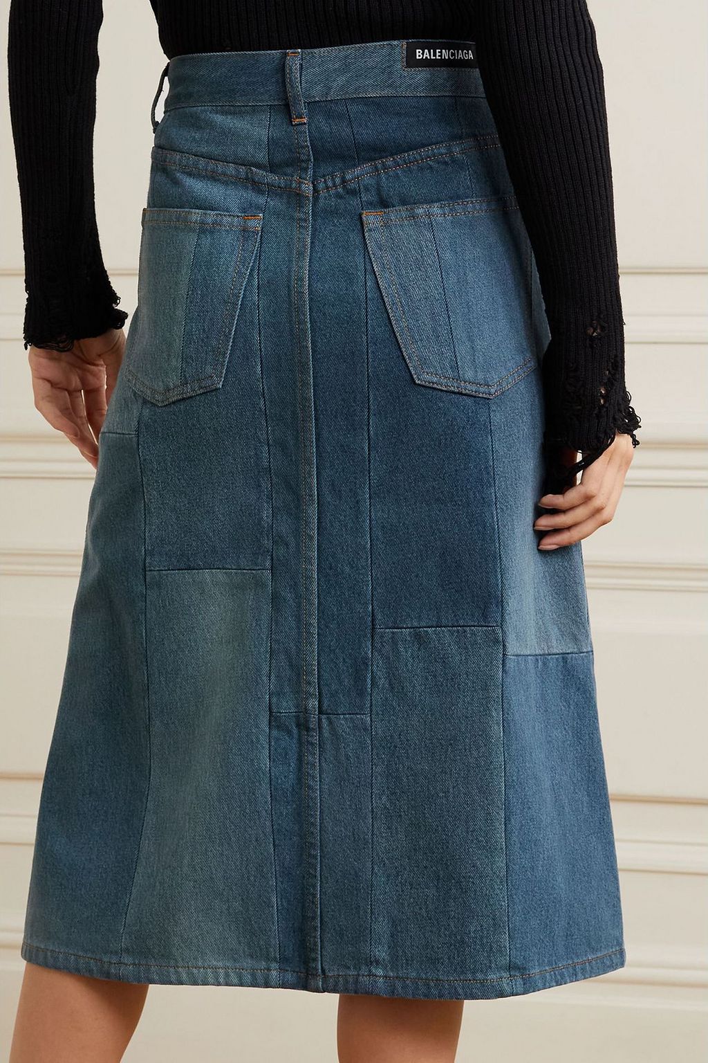 BALENCIAGA Patchwork denim midi skirt